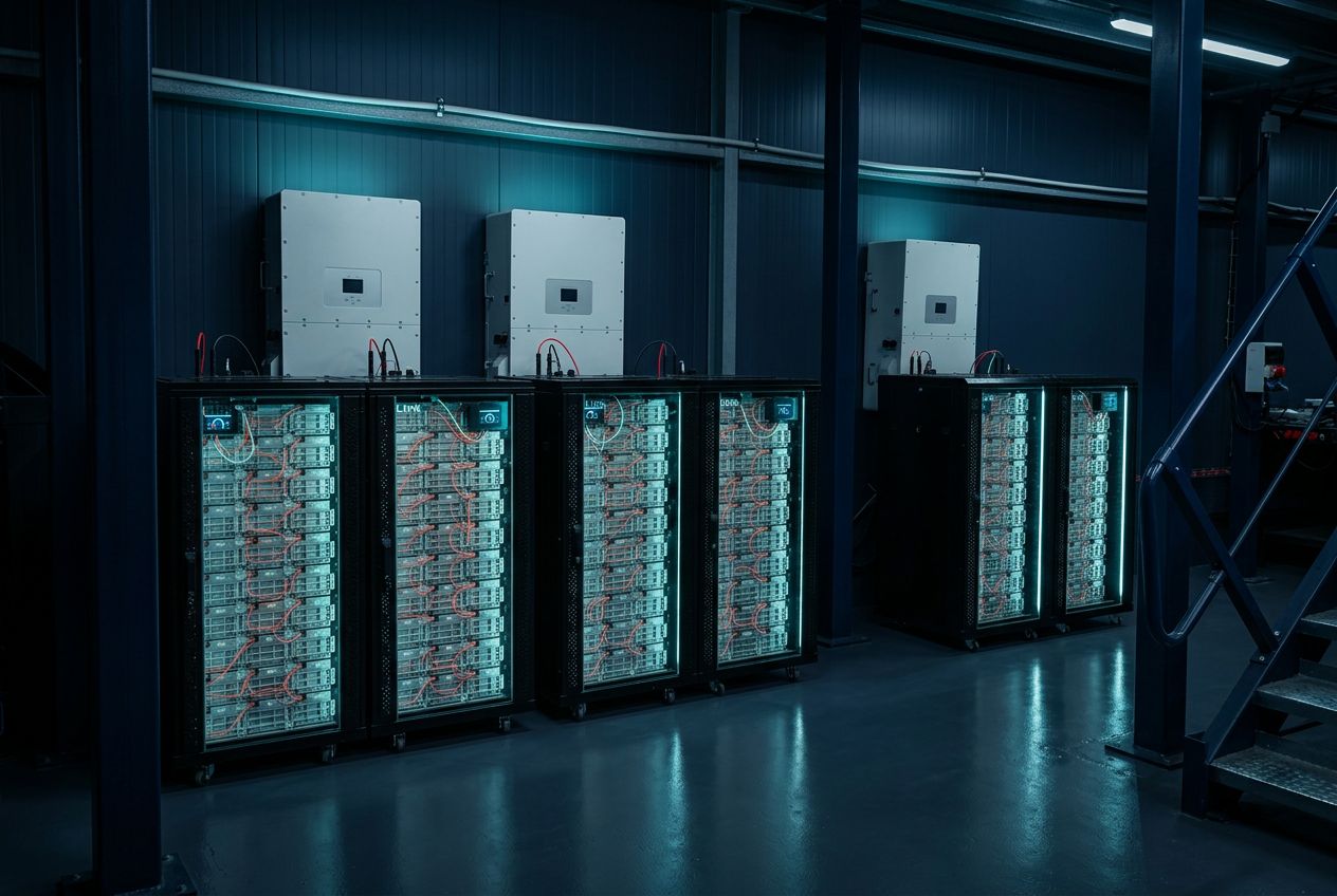 Hala z szafami wysokonapięciowych magazynów energii i falownikami